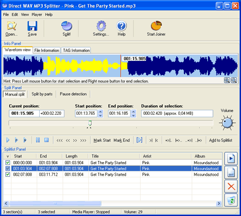 Direct WAV MP3 Splitter Manual Split Window