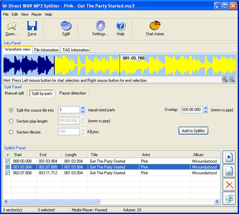 Direct WAV MP3 Splitter Split by Parts Window