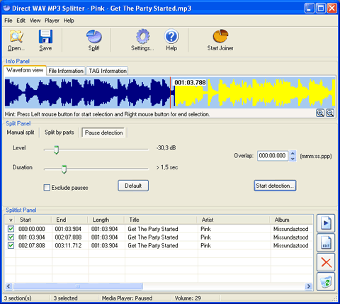 Direct WAV MP3 Splitter Pause Detection Window